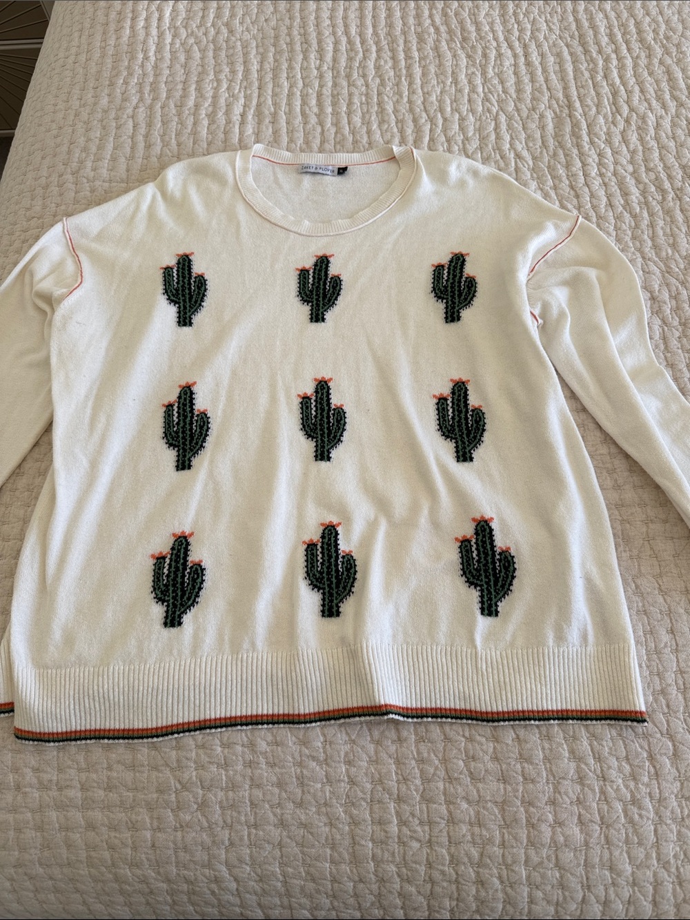 Ivory Crewneck Cactus Embroidered Sweater